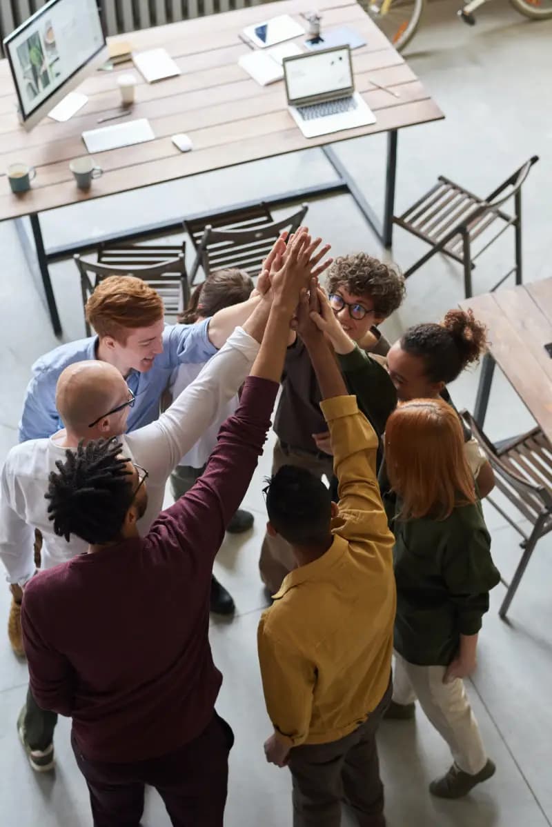 A team of people congratulating each other